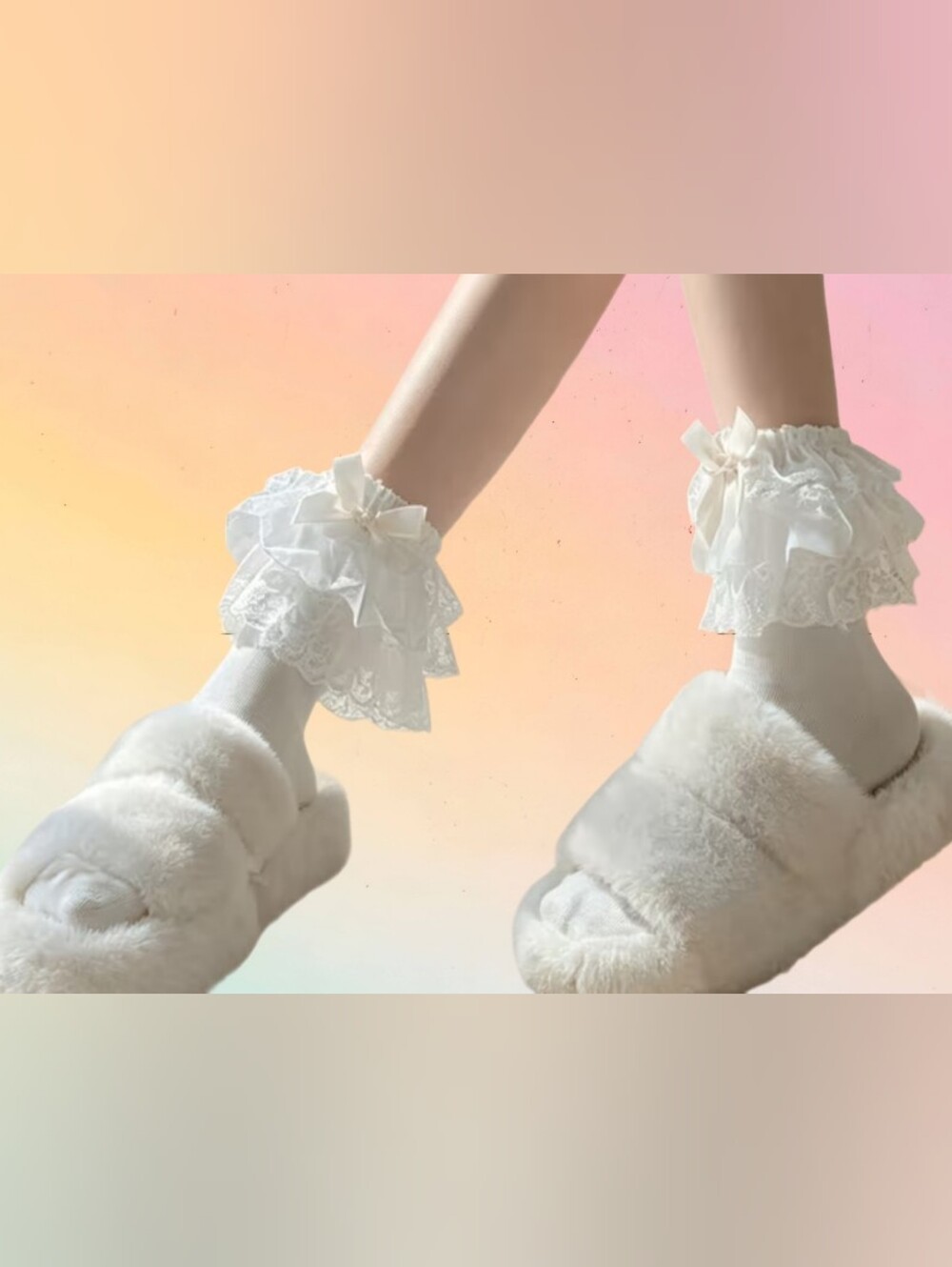 White Ruffle Lace Ankle Socks Lolita Frilly Bow Lace Trim Coquette